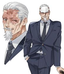 Rule 34 | 1boy, beard, burn scar, cane, check commentary, cheekbones, commentary request, facial hair, forehead protector, golden kamuy, grey eyes, hand in pocket, looking at viewer, mature male, multiple views, mustache, necktie, old, old man, pants, scar, simple background, striped clothes, striped pants, tatsumi (psmhbpiuczn), tsurumi tokushirou, white background, white hair