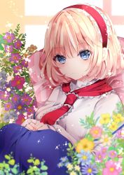 Rule 34 | 1girl, alice margatroid, bad id, bad pixiv id, blonde hair, blue dress, blue eyes, blue flower, blurry, blurry foreground, blush, capelet, closed mouth, depth of field, dress, flower, hair between eyes, hairband, highres, knees up, long sleeves, looking at viewer, nanase nao, pink flower, purple flower, red hairband, sitting, sleeves past wrists, solo, touhou, white capelet, white flower, yellow flower