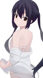 Rule 34 | 1girl, bad proportions, bare shoulders, black hair, bra, breasts, brown eyes, closed mouth, clothes pull, commentary request, from behind, highres, hiroki (yyqw7151), k-on!, long hair, looking at viewer, looking back, nakano azusa, panties, shirt, shirt pull, simple background, small breasts, solo, twintails, underwear, white background, white bra, white panties, white shirt