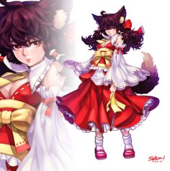 Rule 34 | 1girl, animal ears, bare shoulders, bow, box (hotpppink), breasts, brown hair, detached sleeves, face, female focus, hair bow, hair tubes, hakurei reimu, japanese clothes, kemonomimi mode, long hair, miko, parted lips, red eyes, signature, solo, tail, touhou, zoom layer