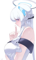 Rule 34 | 1girl, absurdres, blue archive, blush, breasts, commentary, grey hair, halo, headgear, highres, large breasts, long hair, looking at viewer, noa (blue archive), profile, purple eyes, sidelocks, simple background, solo, tomid, upper body, very long hair, white background