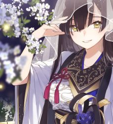Rule 34 | 1girl, black hair, booota, collarbone, flower, hand up, japanese clothes, lips, long hair, looking at viewer, original, smile, solo, veil, yellow eyes