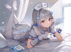 Rule 34 | 1girl, amane kanata, amane kanata (nurse), armband, bandaged arm, bandages, closed mouth, detached collar, dress, gloves, grey hair, hat, highres, hololive, id card, legs up, long hair, looking at viewer, lying, multicolored hair, no shoes, nurse, nurse cap, on stomach, pantyhose, pleated dress, purple eyes, sl86, smile, solo, streaked hair, the pose, virtual youtuber, white dress, white gloves, white hat, white pantyhose