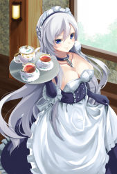 Rule 34 | 1girl, apron, apron lift, azur lane, belfast (azur lane), blue dress, blue eyes, blue gloves, braid, breasts, cleavage, clothes lift, collar, collarbone, commentary request, cup, dress, french braid, gloves, hair between eyes, highres, holding, holding plate, indoors, long hair, looking at viewer, maid, maid apron, maid headdress, medium breasts, plate, sidelocks, silver hair, solo, strapless, strapless dress, tea, teacup, teapot, v-shaped eyebrows, window, yumibakama meme