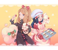 Rule 34 | 2girls, :d, alcremie, alcremie (strawberry sweet), apron, artist name, baking sheet, bare shoulders, black hair, blush, bow, buttons, chef hat, closed mouth, creatures (company), dawn (palentine&#039;s 2021) (pokemon), dawn (pokemon), dress, eyelashes, food, fruit, game freak, gen 5 pokemon, gen 8 pokemon, grey eyes, hair bow, hair ornament, hairclip, hat, holding, light brown hair, long hair, long sleeves, mittens, mootecky, multiple girls, nintendo, official alternate costume, open mouth, oven mitts, pokemon, pokemon (creature), pokemon masters ex, red mittens, serena (palentine&#039;s 2021) (pokemon), serena (pokemon), sidelocks, smile, strawberry, tongue, whimsicott, white headwear