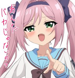 Rule 34 | 1girl, :d, black bow, black bowtie, blue sailor collar, blush, bow, bowtie, fang, green eyes, hair bow, hairband, highres, long hair, long sleeves, looking at viewer, misaki sango, open mouth, pink hair, pointing, pointing at viewer, purple bow, purple hairband, re:stage!, sailor collar, school uniform, serafuku, shirt, simple background, sincos, smile, solo, translation request, twintails, upper body, white background, white shirt