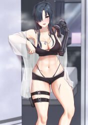 Rule 34 | 1girl, angelia (girls&#039; frontline), bare shoulders, black hair, black shorts, blush, breasts, chinese commentary, cleavage, collarbone, commentary request, dog tags, girls&#039; frontline, hair over one eye, hand up, highres, large breasts, long hair, long sleeves, looking at viewer, mechanical arms, micro shorts, navel, off shoulder, one eye covered, open mouth, popoman, scar, see-through, shorts, single mechanical arm, smile, solo, standing, thigh strap, thighs, yellow eyes