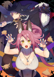 Rule 34 | 1girl, 2boys, animal ear fluff, animal ears, bare shoulders, black coat, black headwear, black robe, black skirt, blonde hair, blue eyes, blue nails, breasts, claw pose, cleavage, coat, collarbone, commentary request, cowboy shot, duel monster, facial mark, fangs, feathered wings, fingernails, fox ears, fox tail, fur, goggles, hair between eyes, halloween, halloween costume, hat, highres, holding, holding staff, jewelry, kitt (yu-gi-oh!), large breasts, long fingernails, long hair, looking at viewer, mask, midriff, multiple boys, nail polish, navel, necklace, open mouth, over shoulder, pink hair, ponytail, robe, short hair, sidelocks, single wing, skirt, slit pupils, staff, standing, suspender skirt, suspenders, tail, tank top, tri-brigade ferrijit the barren blossom, tri-brigade fraktall, tri-brigade kerass, tri-brigade kitt, tri-brigade nervall, tri-brigade rugal the silver sheller, tri-brigade shuraig the ominous omen, vulture (washizu0808), weapon, weapon over shoulder, white hair, white tank top, wings, wizard, wizard hat, yellow eyes, yu-gi-oh!