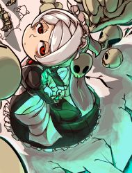 Rule 34 | 1girl, amulet, apron, bloody marie (skullgirls), blush, dress, from above, hair ornament, hat, heart, heart hands, higa norio, highres, looking back, looking up, maid, maid apron, maid headdress, red eyes, ribbon, silver hair, simple background, skull, skull hair ornament, skullgirls, solo, twintails
