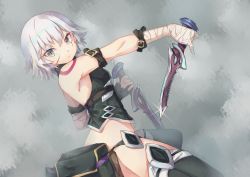 Rule 34 | 1girl, absurdres, bandaged arm, bandages, bare shoulders, black panties, black thighhighs, closed mouth, cowboy shot, dual wielding, fate/apocrypha, fate (series), grey eyes, highres, holding, jack the ripper (fate/apocrypha), knife, looking at viewer, panties, scar, short hair, silver hair, solo, suo niao, tattoo, thighhighs, underwear