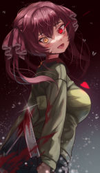 Rule 34 | 1girl, absurdres, black pants, blood, blood on clothes, bloody weapon, blush, breasts, chara (undertale), chara (undertale) (cosplay), commentary request, cosplay, crazy eyes, crazy smile, dual wielding, evil smile, green sweater, hair ornament, heart, heart pendant, heterochromia, highres, holding, holding knife, hololive, houshou marine, jewelry, knife, large breasts, long hair, looking at viewer, lower teeth only, open mouth, pants, pendant, red eyes, red hair, resolution mismatch, smile, solo, source smaller, sweater, teeth, torriet, twintails, undertale, virtual youtuber, weapon, yellow eyes