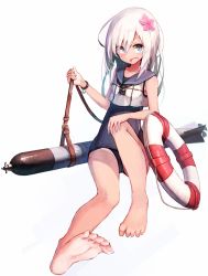 Rule 34 | 1girl, ahoge, anchor symbol, barefoot, beize (garbage), blue eyes, fang, feet, flower, full body, hair flower, hair ornament, kantai collection, legs, lifebuoy, light soles, open mouth, ro-500 (kancolle), school uniform, soles, solo, strap, swim ring, swimsuit, swimsuit under clothes, tan, tanline, toes, torpedo, white hair