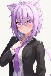 Rule 34 | 1girl, ahoge, animal ear fluff, animal ears, black jacket, blush, cat ears, cat girl, cat tail, closed mouth, collared shirt, fang, formal, grey background, hair between eyes, highres, hololive, jacket, long sleeves, looking at viewer, necktie, nekomata okayu, open clothes, open jacket, purple necktie, shirt, simple background, skin fang, smile, solo, sparkle, suicabar72, suit, tail, upper body, virtual youtuber, white shirt