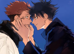 Rule 34 | 2boys, black hair, black jacket, black scarf, blue background, closed mouth, extra eyes, eye contact, facial tattoo, finger to another&#039;s mouth, fushiguro megumi, hands on another&#039;s face, high collar, jacket, japanese clothes, jo (xnsisiiss), jujutsu kaisen, kimono, long sleeves, looking at another, male focus, multiple boys, pink hair, profile, ryoumen sukuna (jujutsu kaisen), scarf, short hair, simple background, smile, spiked hair, tattoo, undercut, white kimono, yaoi