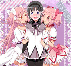 Rule 34 | 10s, 3girls, :d, akemi homura, arm hug, ayukko (forest village), black hair, black legwear, blush, bow, bubble skirt, candy, capelet, chocolate, chocolate heart, choker, dress, dual persona, food, girl sandwich, gloves, hair bow, hairband, happy, heart, highres, kaname madoka, long hair, long sleeves, magical girl, mahou shoujo madoka magica, mahou shoujo madoka magica (anime), mouth hold, multiple girls, open mouth, pantyhose, petticoat, pink dress, pink eyes, pink hair, pink skirt, puffy sleeves, purple eyes, ribbon choker, sandwiched, shirt, short sleeves, skirt, smile, soul gem, thigh gap, twintails, two side up, ultimate madoka, valentine, very long hair, white dress, white gloves, yellow eyes, yuri