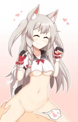 Rule 34 | 1boy, 1girl, animal ears, azur lane, bottomless, bow, breasts, claw pose, cowgirl position, crop top, crop top overhang, grey hair, heart, hetero, highres, medium breasts, non-web source, ohno, red bow, red eyes, sex, shirt, smile, straddling, tail, underboob, vaginal, white shirt, wolf ears, wolf girl, wolf tail, yuudachi (azur lane)