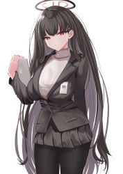 Rule 34 | 1girl, absurdres, black hair, black jacket, black pantyhose, black skirt, blue archive, breasts, bright pupils, hair ornament, hairclip, halo, highres, holding, holding tablet pc, jacket, large breasts, long hair, pantyhose, pleated skirt, red eyes, rio (blue archive), skirt, solo, sweater, tablet pc, turtleneck, turtleneck sweater, very long hair, white pupils, white sweater, yoshi-j