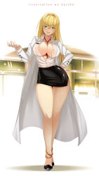 Rule 34 | 1girl, anklet, between breasts, black skirt, blonde hair, breast expansion, breasts, cleavage, collared shirt, glasses, green eyes, hand on own hip, hand up, highres, jewelry, lab coat, large breasts, long legs, looking at viewer, necktie, necktie between breasts, pencil skirt, shirt, side slit, skirt, solo, spiz, standing, tearju lunatique, to love-ru, unbuttoned