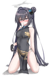 Rule 34 | 1girl, :o, bare legs, black gloves, black hair, black panties, blue archive, blush, breasts, butterfly hair ornament, china dress, chinese clothes, covered navel, double bun, dragon print, dress, gloves, hair bun, hair ornament, halo, highres, kisaki (blue archive), kneeling, long hair, looking at viewer, medium breasts, nonoka7221, panties, pelvic curtain, side-tie panties, simple background, sleeveless, sleeveless dress, solo, twintails, underwear, very long hair, white background