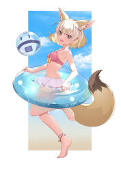 Rule 34 | 1girl, absurdres, adapted costume, animal ear fluff, animal ears, bare arms, bare shoulders, bikini, blonde hair, blue sky, blush, bow, brown eyes, cloud, cowboy shot, day, extra ears, fennec (kemono friends), fox ears, fox girl, fox tail, highres, holding, holding swim ring, innertube, kemono friends, looking at viewer, lucky beast (kemono friends), multicolored hair, natuki takumi, navel, ocean, outdoors, pink bikini, sky, smile, solo, standing, sun, sunlight, swim ring, swimsuit, tail, transparent, two-tone hair, white bikini, white hair, yellow bow, yellow innertube