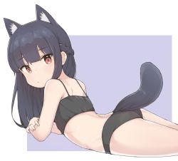 Rule 34 | 1girl, animal ears, arm support, ass, bare shoulders, black camisole, black panties, blue hair, blunt bangs, blush, braid, brown eyes, camisole, cat ears, cat girl, commentary, commission, cowboy shot, english commentary, french braid, highres, idolmaster, idolmaster cinderella girls, long hair, looking at viewer, looking back, lying, on stomach, panties, pixiv commission, s10021, sajo yukimi, solo, spaghetti strap, two-tone background, underwear