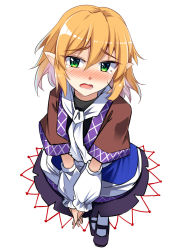Rule 34 | 1girl, arm warmers, bad perspective, black footwear, black skirt, blonde hair, blush, brown shirt, commentary request, crying, crying with eyes open, e.o., green eyes, hair between eyes, highres, interlocked fingers, looking at viewer, mary janes, mizuhashi parsee, nose blush, open mouth, own hands together, pointy ears, scarf, shirt, shoes, short hair, short sleeves, sidelocks, simple background, skirt, solo, standing, tears, touhou, v arms, white background, white legwear, white scarf