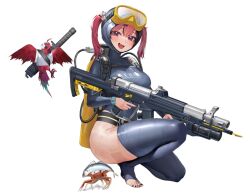 1girl 2others :o animal ass bird blush bodysuit breasts combat_knife covered_navel crab curvy diving_mask diving_mask_on_head diving_suit dripping fang fish full_body goddess_of_victory:_nikke goggles goggles_on_head gun happy highleg highleg_one-piece_swimsuit holding holding_animal holding_fish holding_weapon knife large_breasts long_gun long_hair looking_at_viewer mast_(mast_the_diver)_(nikke) mast_(nikke) multicolored_hair multiple_others nail_polish official_art one-piece_swimsuit open_mouth pink_hair scuba scuba_gear shiny_clothes shiny_skin skin_fang skin_tight skindentation smile streaked_hair swimsuit trigger_discipline weapon wet wetsuit white_background wide_hips