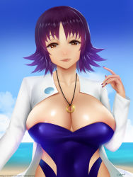 Rule 34 | 1girl, areola slip, breasts, brown eyes, cleavage, creatures (company), curvy, easonx, game freak, highres, jewelry, large breasts, looking at viewer, nail polish, necklace, nintendo, philena ivy, pokemon, pokemon (anime), pokemon (classic anime), purple hair, short hair, smile, solo, standing, upper body