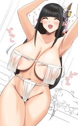 Rule 34 | armpits, arms up, bare shoulders, black hair, blunt bangs, blush, breast curtains, breasts, capcom, cleavage, closed eyes, collarbone, eyeshadow, female pubic hair, fundoshi, gachou, hair ornament, highres, hinoa, japanese clothes, large breasts, long hair, makeup, minoto, monster hunter (series), monster hunter rise, navel, open mouth, pointy ears, pubic hair, pubic hair peek, red eyeshadow, siblings, sidelocks, sisters, smile, thighs