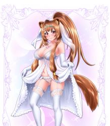 Rule 34 | 1girl, absurdres, breasts, bridal veil, bride, brown hair, closed mouth, clothes lift, highres, large breasts, lingerie, panties, pink eyes, ponytail, raccoon girl, raphtalia, simple background, skirt, skirt lift, smile, solo, sparkle, standing, sugarbell, tate no yuusha no nariagari, tattoo, underwear, underwear only, veil, white legwear, white panties