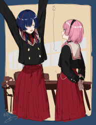 Rule 34 | 2girls, alternate costume, arms behind back, arms up, black hairband, black jacket, black shirt, blue border, blue hair, blush, border, buttons, closed eyes, desk, double-breasted, facing another, feet out of frame, hair over shoulder, hairband, highres, holding own wrist, isshiki (ffmania7), jacket, kaf (kamitsubaki studio), kamitsubaki studio, long hair, long skirt, long sleeves, looking at another, matching outfits, multicolored hair, multiple girls, necktie, open mouth, pink hair, pleated skirt, profile, red hair, red necktie, red skirt, rim (kamitsubaki studio), sailor collar, school desk, school uniform, shirt, signature, sketch, skirt, smile, standing, streaked hair, stretching, translation request, virtual youtuber, white sailor collar, window, yellow background