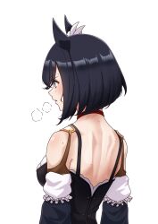 Rule 34 | 1girl, absurdres, animal ears, bare shoulders, black choker, black dress, black hair, blue eyes, blush, choker, commentary request, detached sleeves, dirndl, dress, ear ornament, eishin flash (umamusume), from behind, german clothes, highres, horse ears, horse girl, long sleeves, parted lips, senchan 7, short hair, simple background, solo, sweat, umamusume, upper body, visible air, white background