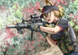 Rule 34 | 1girl, aiming, animal ears, assault rifle, blonde hair, camouflage, casing ejection, didloaded, firing, flecktarn, glasses, gloves, gun, gun sling, h&amp;k g36c, hat, load bearing vest, magazine (weapon), military, military operator, open mouth, original, ponytail, rifle, safety glasses, scope, shell casing, short hair, solo, suppressor, tinted eyewear, watch, weapon, window magazine, yellow-tinted eyewear, yellow eyes