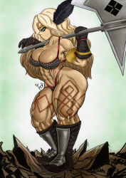 Rule 34 | 1girl, abs, alternate height, alternate size, amazon (dragon&#039;s crown), armor, axe, bare shoulders, bikini armor, blonde hair, boots, breasts, broken, cleavage cutout, clothing cutout, dragon&#039;s crown, feather hair ornament, female focus, floor, gloves, gold, green eyes, hair ornament, highres, holding, holding axe, looking at viewer, looking down, medium breasts, muscular, muscular arms, muscular female, muscular legs, shortstack, solo, tan, tattoo, thick thighs, thighs, threatening