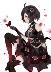 Rule 34 | 1girl, bare shoulders, black dress, black flower, black gloves, boots, bu zhengjing de xiao xingxing, bug, butterfly, closed mouth, dress, elbow gloves, flower, gloves, hair flower, hair ornament, highres, honkai (series), honkai impact 3rd, insect, red butterfly, red footwear, red hair, seele (alter ego), seele vollerei, seele vollerei (stygian nymph), short hair, simple background, sitting, sleeveless, sleeveless dress, solo, thigh boots, thighhighs, white background