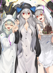 1boy, 3girls, 3others, :d, ^ ^, animal ears, apron, arknights, bangs, big bob (arknights), black headwear, breasts, cleavage, closed eyes, commentary, confetti, ears through headwear, eyes closed, food, frilled apron, frills, grani (arknights), hand up, head tilt, holding, holding food, hood, jakoujika, long hair, long sleeves, multiple girls, multiple others, open mouth, parted lips, red eyes, reunion soldier (arknights), sharp teeth, silver hair, skadi (arknights), smile, specter (arknights), teeth, v, very long hair, white apron