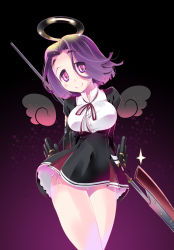 Rule 34 | 10s, 1girl, black gloves, detached wings, glaive (polearm), gloves, gradient background, halo, highres, imu sanjo, kantai collection, mechanical halo, polearm, purple eyes, purple hair, school uniform, short hair, simple background, smile, solo, sparkle, spear, tatsuta (kancolle), weapon, wings