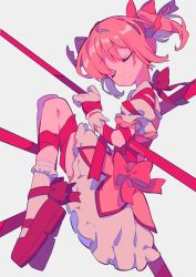 Rule 34 | 1girl, bow, closed eyes, dress, frilled dress, frills, full body, gloves, hair between eyes, hair ribbon, highres, kaname madoka, magical girl, mahou shoujo madoka magica, mahou shoujo madoka magica (anime), medium hair, menma (enaic31), pink bow, pink hair, pink theme, puffy short sleeves, puffy sleeves, red footwear, red ribbon, restrained, ribbon, short sleeves, solo, twintails, twitter username, white dress, white gloves