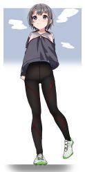 Rule 34 | 1girl, arm behind back, arm grab, bad id, bad twitter id, black hair, black pants, blush stickers, closed mouth, commentary request, full body, grey eyes, grey jacket, highres, idolmaster, idolmaster cinderella girls, idolmaster cinderella girls starlight stage, jacket, otokura yuuki, pants, shiwa (siwaa0419), shoes, short hair, smile, solo, standing, standing on one leg, sweat, white background, white footwear