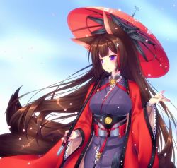 Rule 34 | 1girl, amagi (azur lane), animal ears, azur lane, blunt bangs, breasts, brown hair, choker, fox ears, hair ornament, japanese clothes, kimono, kitsune, kyuubi, large breasts, long hair, mikoto (mikoto r a), multiple tails, oil-paper umbrella, purple eyes, solo, tail, thick eyebrows, umbrella, wide sleeves