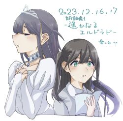 Rule 34 | 2girls, absurdres, black hair, blush, book, bridal gauntlets, closed eyes, collar, collarbone, collared shirt, commentary request, cropped torso, daua history, dress, green eyes, grey collar, grey shirt, hair between eyes, hand up, hands on own chest, hands up, highres, holding, holding book, iwata haruki, jewelry, juliet sleeves, long hair, long sleeves, looking ahead, microphone, microphone stand, multiple girls, open book, own hands together, parted lips, pendant, profile, puffy sleeves, real life, shirt, shoujo kageki revue starlight, sidelocks, simple background, tiara, translation request, tsuyuzaki mahiru, two side up, upper body, voice actor, voice actor connection, white background, white dress