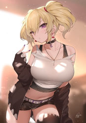Rule 34 | 1girl, animal print, black thighhighs, blonde hair, blouse, breasts, choker, coco kaine, cowboy shot, earrings, hair between eyes, head tilt, heart, heart earrings, highres, hololive, jewelry, large breasts, leopard print, long sleeves, applying manicure, mole, mole on breast, mole under eye, mouth hold, nail polish, navel, necklace, off-shoulder jacket, off shoulder, purple eyes, shirt, short shorts, short twintails, shorts, signature, solo, standing, stomach, thighhighs, thighs, twintails, virtual youtuber, white shirt, yaman