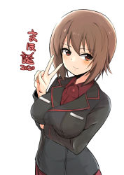 Rule 34 | 1girl, birthday, black jacket, blush, breast hold, breasts, brown eyes, brown hair, character name, closed mouth, commentary, dated, dress shirt, girls und panzer, insignia, jacket, kuromorimine military uniform, long sleeves, looking at viewer, medium breasts, military, military uniform, nasunael, nishizumi maho, pleated skirt, red shirt, red skirt, shirt, short hair, simple background, skirt, smile, solo, standing, translated, uniform, v, white background, wing collar