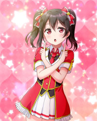 Rule 34 | 1girl, :o, black hair, bokura no live kimi to no life, bow, collared shirt, commentary request, cowboy shot, crossed arms, fringe trim, hair bow, heart, heart background, hirako, index finger raised, jacket, looking at viewer, love live!, love live! school idol project, necktie, pink background, pleated skirt, red bow, red eyes, red jacket, red necktie, shirt, short sleeves, single sidelock, skirt, solo, sparkle, star (symbol), twintails, twitter username, vest, yazawa nico