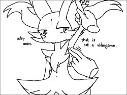 Rule 34 | 1girl, animal ear fluff, animal ears, animal nose, arm at side, arm up, armpits, black border, blush, border, braixen, creatures (company), disembodied limb, english text, female focus, flat chest, fox ears, fox girl, fox tail, furry, furry female, game freak, gen 6 pokemon, greyscale, half-closed eyes, light blush, looking to the side, monochrome, navel, nintendo, open mouth, pokemon, pokemon (creature), rubbing, simple background, sketch, snout, solo focus, standing, stoic5, stomach, tail, talking, upper body, white background