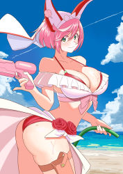 Rule 34 | 1girl, absurdres, ahoge, animal ears, ass, bare shoulders, beach, bikini, blue sky, blush, bow, breasts, bridal veil, butt crack, cleavage, cloud, clover, elphelt valentine, fake animal ears, flower, four-leaf clover, green eyes, guilty gear, guilty gear xrd, highres, holding, holding hose, holding water gun, holster, hose, huge ahoge, kazuma (leldiq), large breasts, looking at viewer, ocean, pink bow, pink hair, rabbit ears, red bikini, rose, sand, short hair, skindentation, sky, smile, solo, spikes, swimsuit, thick thighs, thigh strap, thighs, veil, water gun, wet
