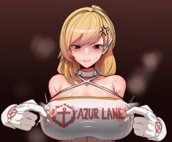 Rule 34 | 1girl, absurdres, anger vein, azur lane, bare shoulders, blonde hair, breasts, commentary request, disembodied limb, gloves, hair in own mouth, hetero, highres, large breasts, looking down, nipple stimulation, nipple tweak, nipples, prince of wales (azur lane), prince of wales (the laureate&#039;s victory lap) (azur lane), red eyes, simple background, solo focus, strapless, tube top, upper body, wenzheng147, white gloves