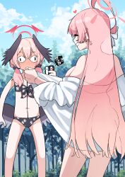 Rule 34 | &lt;|&gt; &lt;|&gt;, 2girls, absurdres, ahoge, bikini, black bikini, black wings, blue archive, blue sky, blush, cellphone, cloud, day, female pervert, flashing, floral print, full-face blush, grin, halo, hanako (blue archive), hanako (swimsuit) (blue archive), head wings, heart, highres, hitomi (website), holding, holding phone, je o mo, koharu (blue archive), koharu (swimsuit) (blue archive), long hair, low wings, multiple girls, navel, official alternate costume, open clothes, open shirt, outdoors, pervert, phone, pink hair, print bikini, public indecency, red halo, shirt, shirt hold, sky, smartphone, smile, standing, swimsuit, taking picture, tree, white shirt, wings