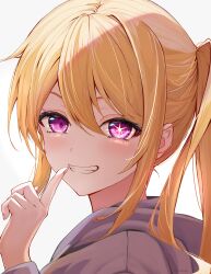 Rule 34 | 1girl, absurdres, blonde hair, blush, close-up, commentary request, finger to mouth, hair between eyes, highres, hoshino ruby, long hair, looking at viewer, one side up, oshi no ko, purple eyes, sidelocks, simple background, smile, solo, star-shaped pupils, star (symbol), symbol-shaped pupils, teeth, towrituka, twitter username, upper body, white background