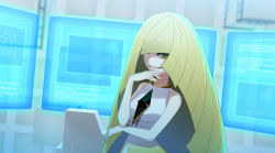 Rule 34 | 1girl, bad id, bad pixiv id, bare shoulders, blonde hair, breasts, creatures (company), diamond (gemstone), dress, game freak, gem, green eyes, green gemstone, grin, hair over one eye, hand on own chin, highres, holographic monitor, long hair, lusamine (pokemon), medium breasts, nail polish, nintendo, pokemon, pokemon sm, rupinesu, screen, sleeveless, sleeveless dress, smile, solo, spoilers, very long hair, yellow nails